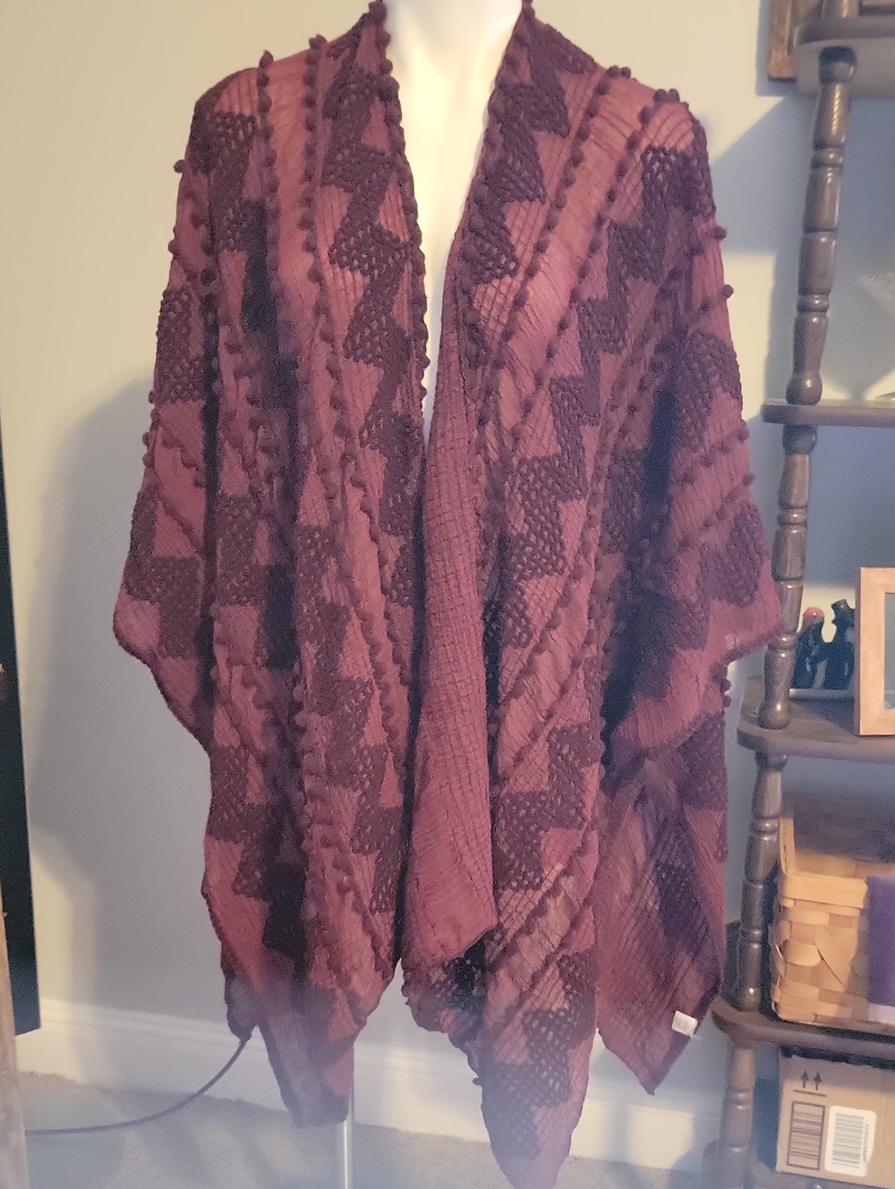 Plush Textured Open-Front Women's Sweater - Burgundy